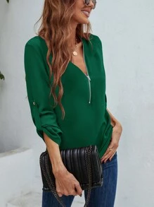 SHEIN LUNE Half Zipper Roll Tab Sleeve Blouse - Dark Green - View 3