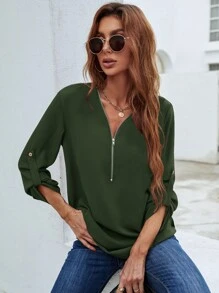 SHEIN LUNE 半拉鏈捲邊袖襯衫 - 軍綠色 - 查看 3