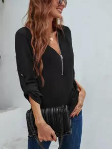 SHEIN LUNE Half Zipper Roll Tab Sleeve Blouse - Black - View 4
