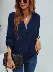 SHEIN LUNE Half Zipper Roll Tab Sleeve Blouse - Navy Blue - View 4