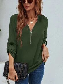 SHEIN LUNE 半拉鏈捲邊袖襯衫 - 軍綠色 - 查看 4