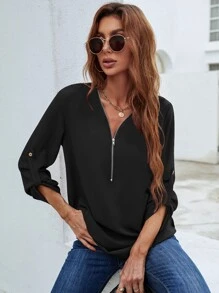 SHEIN LUNE Half Zipper Roll Tab Sleeve Blouse - Black - View 5