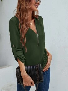 SHEIN LUNE 半拉鏈捲邊袖襯衫 - 軍綠色 - 查看 5