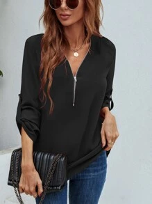 SHEIN LUNE Half Zipper Roll Tab Sleeve Blouse - Black - View 6