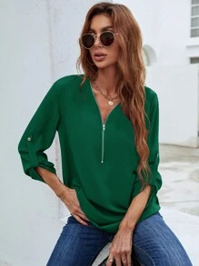 SHEIN LUNE Half Zipper Roll Tab Sleeve Blouse - Dark Green - View 5