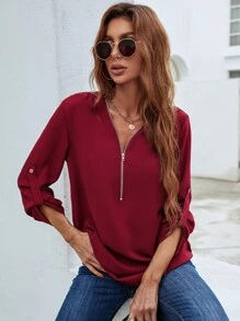 SHEIN LUNE 半拉鏈捲邊袖襯衫 - 酒紅色 - 查看 5
