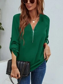 SHEIN LUNE Half Zipper Roll Tab Sleeve Blouse - Dark Green - View 6