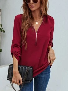 SHEIN LUNE 半拉鏈捲邊袖襯衫 - 酒紅色 - 查看 6