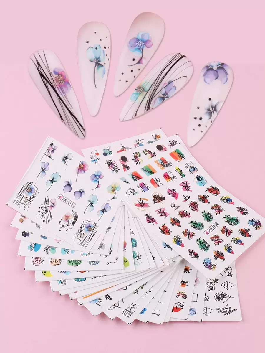 24pcs/Set Floral, Leaf, Butterfly Shaped Spring/Summer Stickers (Non-Adhesive) Nail Stickers DIY - Multicolor - View 1