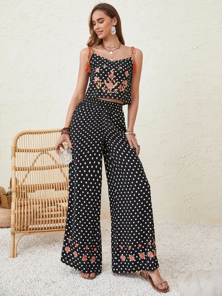 Rusttydustty Bộ đồ hai mảnh nữ Nghề thêu Hoa Chấm bi Boho - Nhiều màu - Xem 1