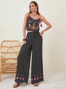 Rusttydustty Bộ đồ hai mảnh nữ Nghề thêu Hoa Chấm bi Boho - Nhiều màu - Xem 3