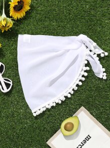 Tween Girl Knot Side Pom Pom Trim Asymmetrical Hem Cover Up Skirt Summer Holiday