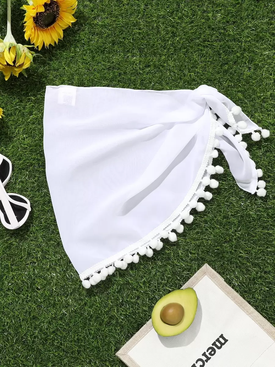 Tween Girl Knot Side Pom Pom Trim Asymmetrical Hem Cover Up Skirt Summer Holiday