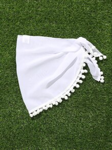 Tween Girl Knot Side Pom Pom Trim Asymmetrical Hem Cover Up Skirt Summer Holiday