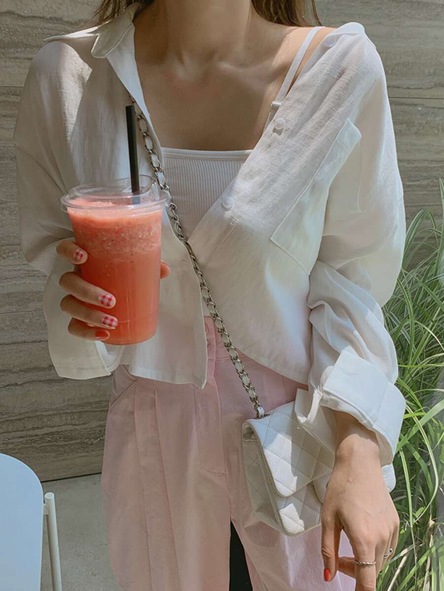 DAZY Pocket Patched Drop Shoulder Shirt - White - View 1