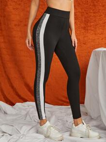 SHEIN Essnce Contrast Side Seam Leggings - Black - View 4