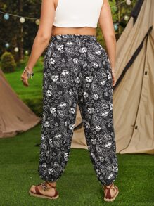 SHEIN VCAY Quần Plus Size Hoa Paisley Boho - Đen và trắng - Xem 2