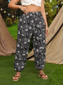 SHEIN VCAY Quần Plus Size Hoa Paisley Boho - Đen và trắng - Xem 4