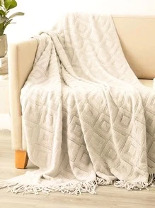 Tassel Decor Knitted Blanket, Nordic Beige Sofa Blanket, For Household - Beige - View 1