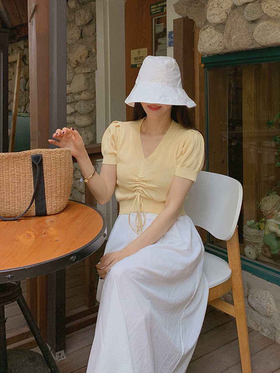 Puff Sleeve Drawstring Knit Top