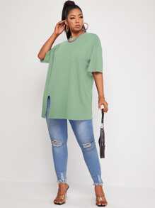 Flirla 大碼落肩開衩前長款T恤 - 薄荷綠 - 查看 3