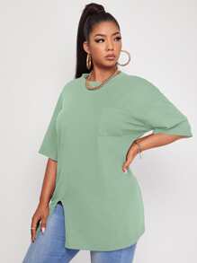 Flirla 大碼落肩開衩前長款T恤 - 薄荷綠 - 查看 5