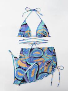 Allover Print Mesh Bikini Set Halter Triangle Bra Top & Thong & Skirt 3 Pieces Bathing Suit, For Summer Beach Vacation - Multicolor - View 3