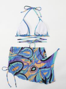 Allover Print Mesh Bikini Set Halter Triangle Bra Top & Thong & Skirt 3 Pieces Bathing Suit, For Summer Beach Vacation - Multicolor - View 4