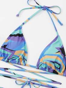 Allover Print Mesh Bikini Set Halter Triangle Bra Top & Thong & Skirt 3 Pieces Bathing Suit, For Summer Beach Vacation - Multicolor - View 5