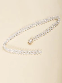 1pc Flower & Faux Pearl Decor Waist Chain Hook, Fashionable Versatile Elegant Waistband Chain For Dresses, Shirts, - White - View 2
