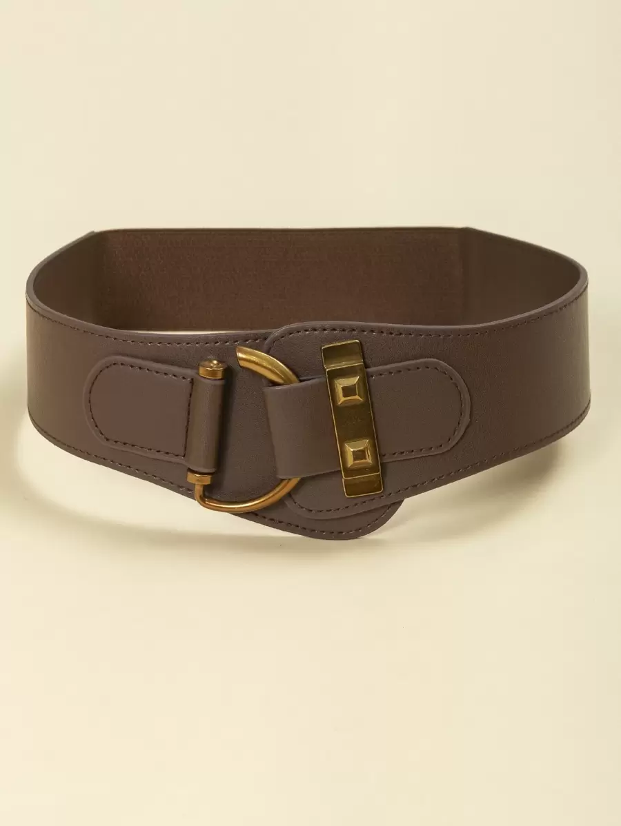 复古棕色金属扣日常休闲皮带 夏季、秋季、万圣节 - 棕色 - 查看 1