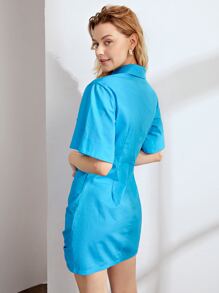 SHEIN Đầm Xù Nút phía trước màu trơn Thanh lịch - Màu xanh lam - Xem 2