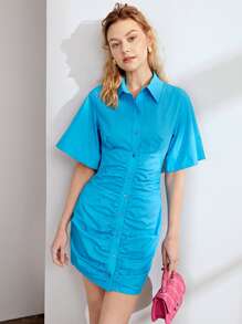 SHEIN Đầm Xù Nút phía trước màu trơn Thanh lịch - Màu xanh lam - Xem 3