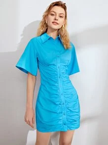 SHEIN Đầm Xù Nút phía trước màu trơn Thanh lịch - Màu xanh lam - Xem 4