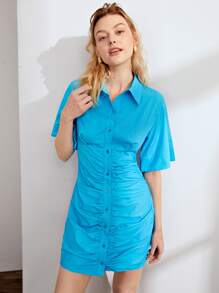 SHEIN Đầm Xù Nút phía trước màu trơn Thanh lịch - Màu xanh lam - Xem 7