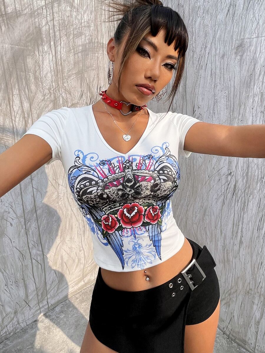 ROMWE PUNK Crown & Floral Print Crop Tee - White - View 1