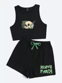Ghofur Skull Print Tank Top & Letter Graphic Drawstring Waist Shorts - Black - View 1