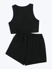 Ghofur Skull Print Tank Top & Letter Graphic Drawstring Waist Shorts - Black - View 2