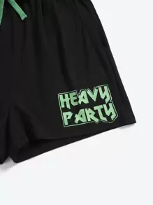 Ghofur Skull Print Tank Top & Letter Graphic Drawstring Waist Shorts - Black - View 3