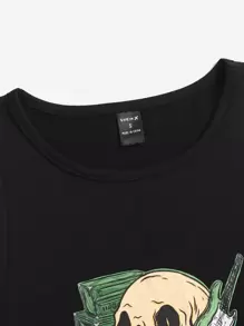 Ghofur Skull Print Tank Top & Letter Graphic Drawstring Waist Shorts - Black - View 4