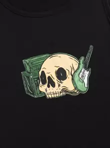 Ghofur Skull Print Tank Top & Letter Graphic Drawstring Waist Shorts - Black - View 5