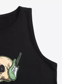 Ghofur Skull Print Tank Top & Letter Graphic Drawstring Waist Shorts - Black - View 7