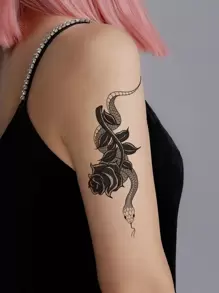 1張蛇和玫瑰樣式紋身貼紙 - 黑色 - 查看 1