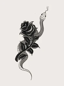 1張蛇和玫瑰樣式紋身貼紙 - 黑色 - 查看 3