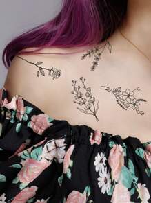 Etiqueta engomada del tatuaje, 1 hoja Tatuajes temporales con patrón de plantas para mujeres, pegatinas de tatuajes para adultos, flor de tatuaje realista, para mujeres y niñas - Negro - Ver 2