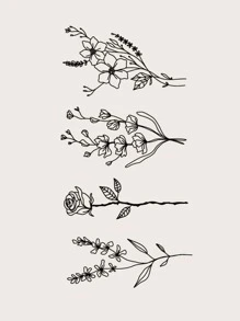 Etiqueta engomada del tatuaje, 1 hoja Tatuajes temporales con patrón de plantas para mujeres, pegatinas de tatuajes para adultos, flor de tatuaje realista, para mujeres y niñas - Negro - Ver 3