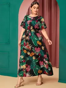 Mulvari Plus Tropical Print Self Tie Dress - Multicolor - View 1