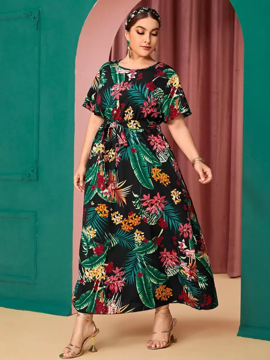 Mulvari Plus Tropical Print Self Tie Dress - Multicolor - View 1