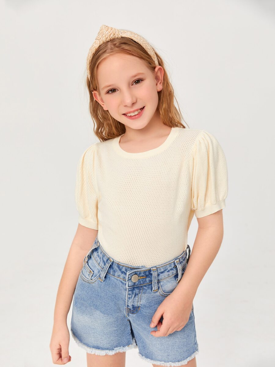 SHEIN 女孩泡泡袖網眼針織上衣 - 米色 - 查看 1