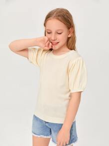 SHEIN 女孩泡泡袖網眼針織上衣 - 米色 - 查看 4